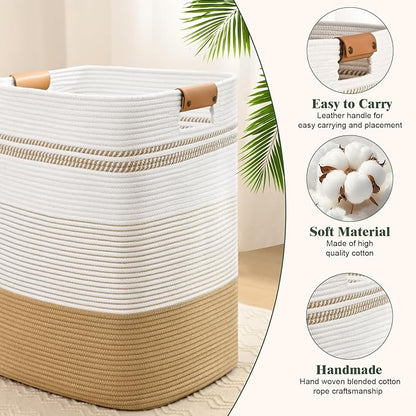 Degeyoyo Laundry Hamper, 75L Tall Laundry Basket with Leather Handles, Rectangle Large Clothes Hamper for Organizing, Cotton Woven Laundry Baskets Storage Hampers for Bedroom, Nursery, Living Room