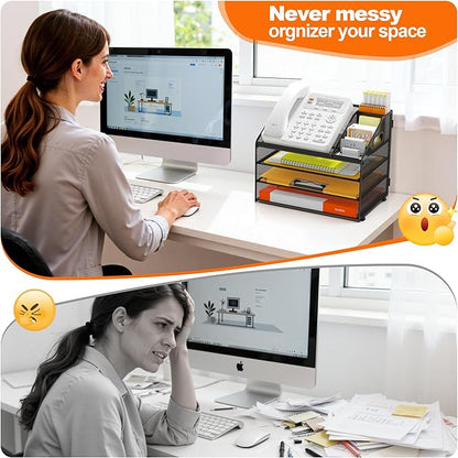 DocNest 4 Tier Metal Mesh Letter Tray - Space Saving Desk File Organizer with Handle, Pen Holder & Folder Holder - Desktop Document Sorter for Office, Home, School, Classroom - Black