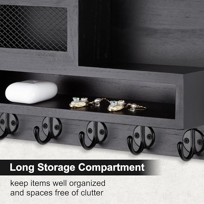 Key and Mail Holder Wall Mount, Key Hanger with Long Storage Box and 5 Hooks for Coat, Dog Leash, Home Decor Rack, House Accessories, Entry Way Organizer 11.8”W x 7.8”H x 3.2”D