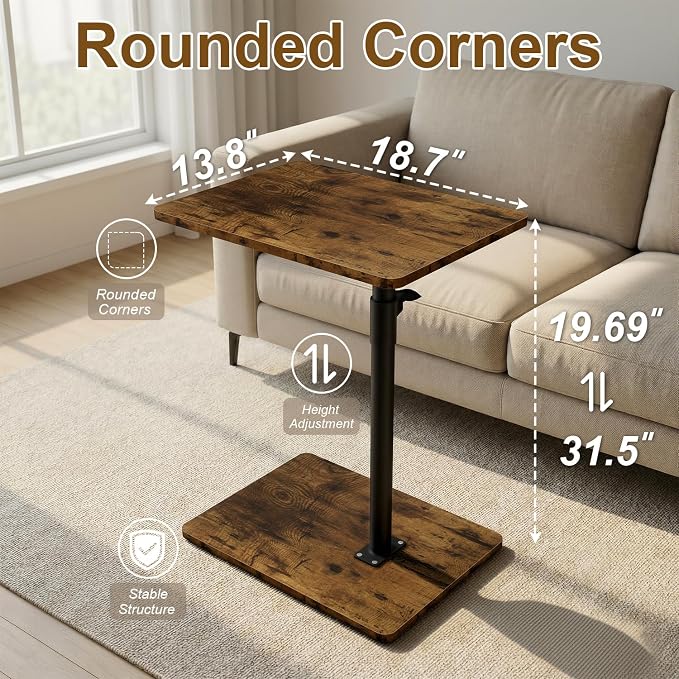 YUHFERA Sofa Armrest Tray Table for Couch - 360 Swivel Height Adjustable End Table for Small Spaces, Snack Side Table for Bed or Chair with Phone & Tablet Slot (Rustic, Enlarged)