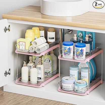 Delamu 2-Tier Multi-Purpose Bathroom Under Sink Organizers and Storage, Stackable Kitchen Pantry Organization, Pull Out Medicine Cabinet Organizer with Movable Dividers, Pink, 2 Pack