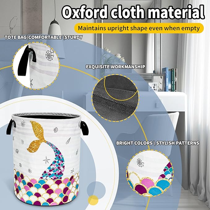 NUTAINLA Mermaid Scales Tail Laundry Basket Foldable Oxford Cloth Funny Tote Bag Laundry Hamper Clothes Storage Bucket Toy Organizer For Bathroom/Laundry Storage/Bedroom 18.9x16.5 Inch