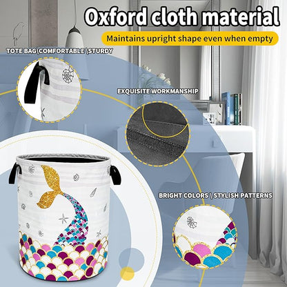 NUTAINLA Mermaid Scales Tail Laundry Basket Foldable Oxford Cloth Funny Tote Bag Laundry Hamper Clothes Storage Bucket Toy Organizer For Bathroom/Laundry Storage/Bedroom 18.9x16.5 Inch