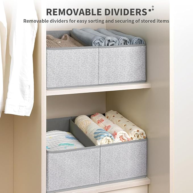 DIMJ Storage Baskets for Shelves 8 Packs - Large Trapezoid Closet Organizer Bins with Handles and Divider, Foldable Clothes Containers Box for Shelf, Towel, Book, Toy, Purse, Grey