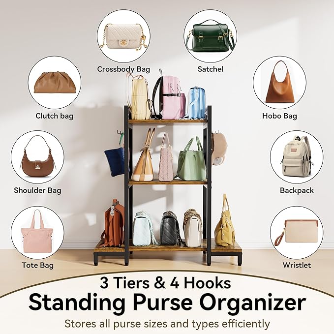 Aquzee Purse Shelf Storage, 3 Tier Stand Bag Organizer for Handbag Organizers, Backpack Storage with 4 Hooks for Holder, Large Purse Shelf for Closet, Home Living Room Bedroom Purse Storage Ideas