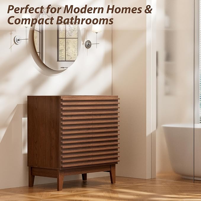 APRILSOUL 30" Bathroom Vanity, Mid-Century Bathroom Vanity Cabinet with 2 Soft Closing Doors, Freestanding Bathroom Cabinet, Particleboard Frame with Wood Grain Laminate, Walnut (Sink Not Included)