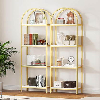 Yusong Bookshelf 4 Tier Arched Bookcase, 71.3" Tall Industrial Open Book Shelves for Living Room, Modern Freestanding Display Shelving Storage Rack Metal Frame, Office, Bedroom,Gold White