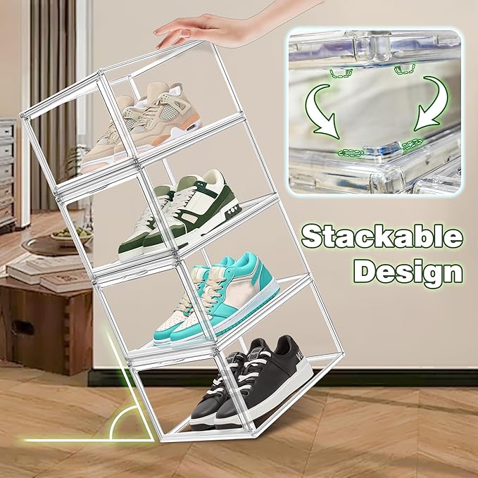 1 Pack Drop Front Acrylic Shoe Boxes with Magnetic Door Size 12, Clear Stackable Shoe Organizers Sneaker Display Cases for Closet, Entryway, Underbed, Multiple Display Cases for Caps, Figures