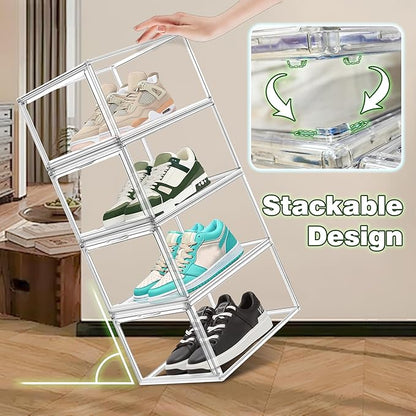 12 Pack Drop Front Acrylic Shoe Boxes with Magnetic Door Fit US Size 12, Clear Stackable Shoe Organizer for Closet, Entryway, Underbed, Multiple Display Cases for Hats, Figures, Sneakers