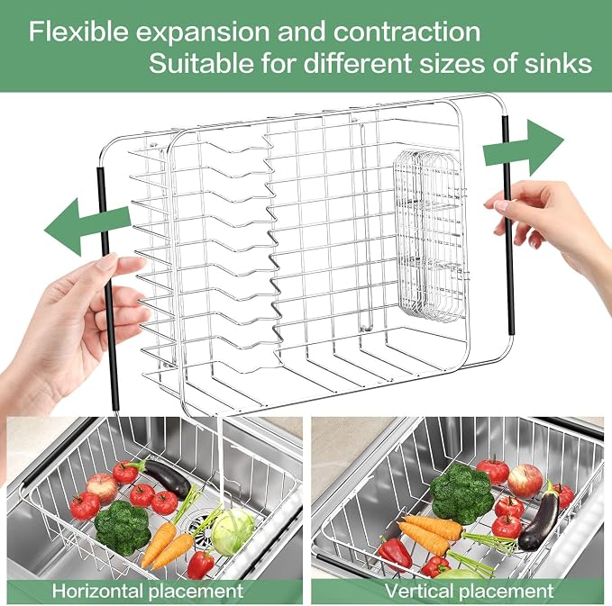 Fanbsy Large Dish Drainer Rack in Sink Adjustable, Expandable 304 Stainless Steel Metal Dish Drying Rack Organizer with Stainless Steel Utensil Holder Over Inside Sink Counter, Rustproof