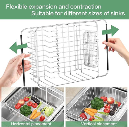 Large Sink Dish Drying Rack, Expandable 304 Stainless Steel Metal Dish Drainer Rack Organizer Shelves with Stainless Steel Utensil Holder Over Inside Sink, Rustproof