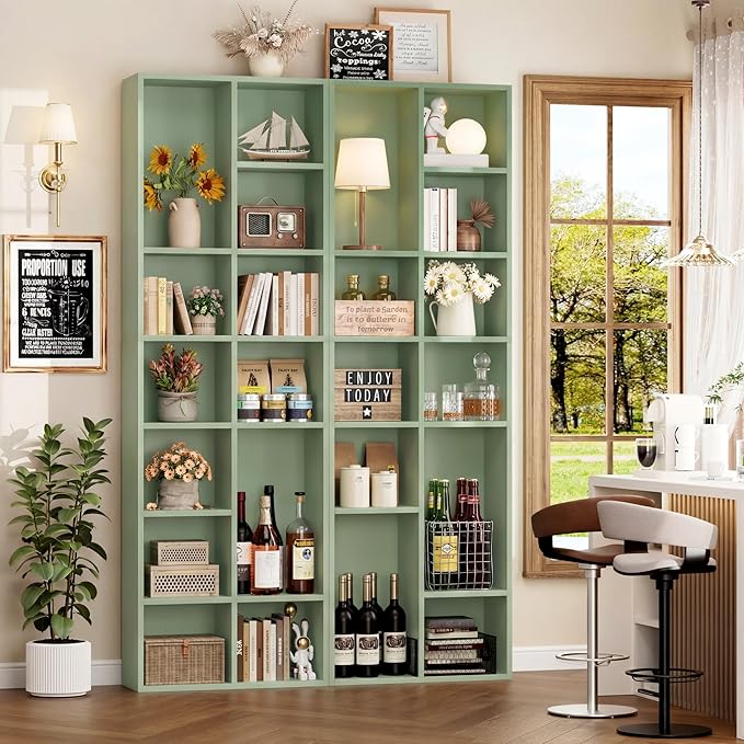 FOTOSOK 71'' Tall Bookshelf with 14 Cubes, 7 Tier Double Wide Bookshelf with 6 Adjustable Shelves, 19.6" Narrow Bookcase DVD/CD Media Storage Shelf, Space Saving Display Shelf Cabinet, Green