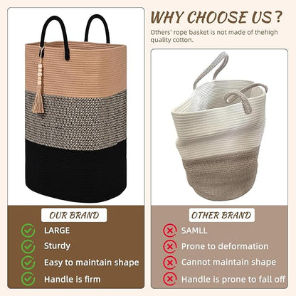 Woven Laundry Basket for Clothes, 80 L Large Rectangle Laundry Hampers with Beads Tassel, Nursery Storage Basket for Toys, Tall Dirty Clothes Hamper for Bedroom Aesthetic, Laundry Room Organization