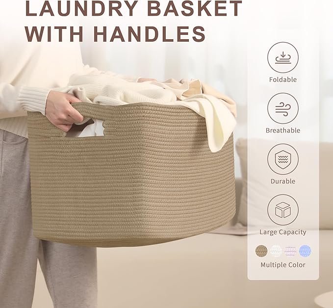SunNewt 86L Large Wicker Laundry Basket for Living Room Storage,Boho Woven Cotton Rope Baskets for Kids Toy,Gifts,Square Blanket Hamper for Bedroom Dirty Clothes,Jute