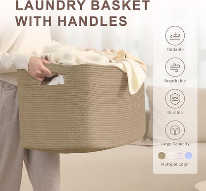 SunNewt 86L Large Wicker Laundry Basket for Living Room Storage,Boho Woven Cotton Rope Baskets for Kids Toy,Gifts,Square Blanket Hamper for Bedroom Dirty Clothes,Jute