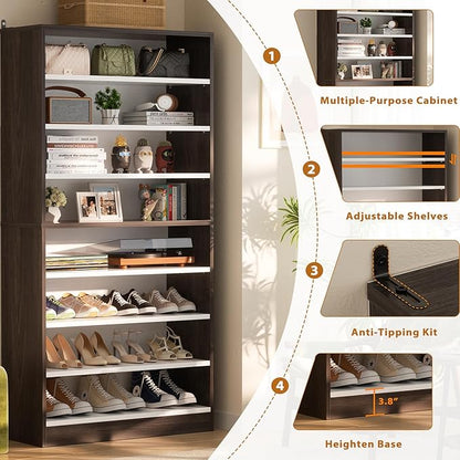 Homieasy Tall Shoe Cabinet, 9-Tier Wood Shoe Rack Organizer Cabinet for Closet, Freestanding Shoe Storage Cabinet with Adjustable Shelves for Entryway, Bedroom, Dark Walnut & White