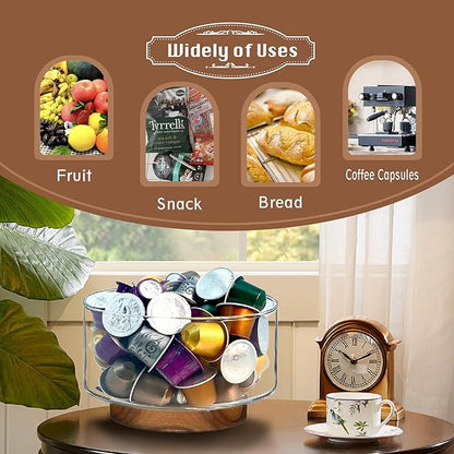 Coffee Pod Holder, Glass Salad Bowl with Acacia Wood Base, Large Capacity K Cup Organizer for Kcup Creamer Storage, Espresso Capsule Holder Coffee Bar Accessories（ 7 Inch，1 Pack ）