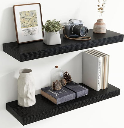 30 Inch Floating Shelves for Wall, 8 Inch Deep Floating Shelf for Storage & Display, Rustic Wall Mounted Shelf with Invisible Brackets for Living Room, Kitchen, Bathroom, Home Decor, Set of 2, Black