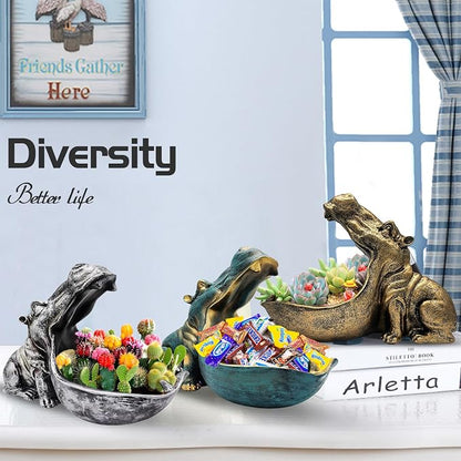 aboxoo Hippo Statue,Large Hippopotamus Figurine Home Sculpture with Resin, Hippo Candy Jar, Candy Dish Bowl for Office Desk, Key Bowl for Entryway Table,Container Storage Art Decor Box(Dark Blue)