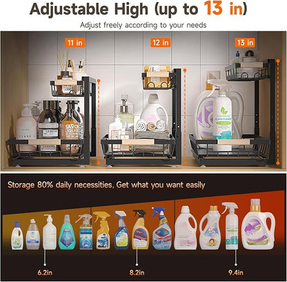 Sevenblue 2 Packs Under Sink Organizer, Height Adjustable 2 Tier Under Kitchen Sink Organizer, Multi-Purpose Storage Shelf for Kitchen Bathroom Cabinet (Black, Large)