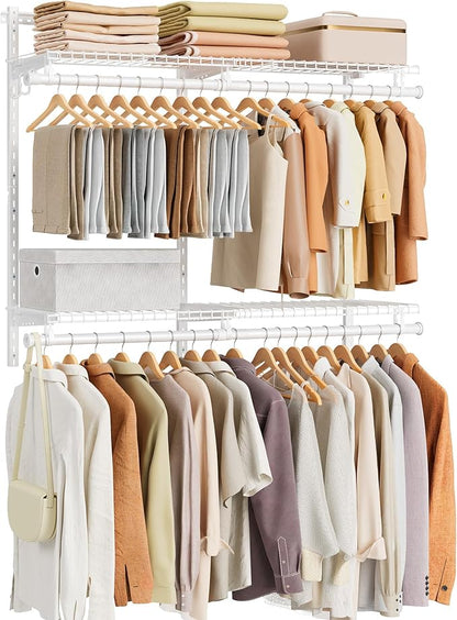 SONGMICS HOME Closet System, Closet Insert Organizer, 4-6 ft, Adjustable Metal Shelving Unit with 4 Hanging Rods, 4 Shelves, and Hooks, for Pantry Mudroom Garage Basement, Cloud White URGR031W01