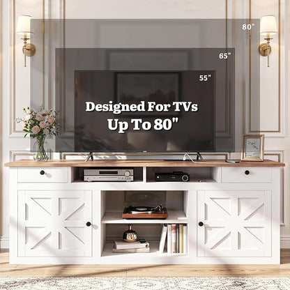YITAHOME 70" Farmhouse TV Stand for 75/80 Inch TVs, Entertainment Center with Drawers, Adjustable Shelves & Built-in Power Outlet, Stable Anti-Tip TV Console Cabinet for Living Room, White+Walnut Top