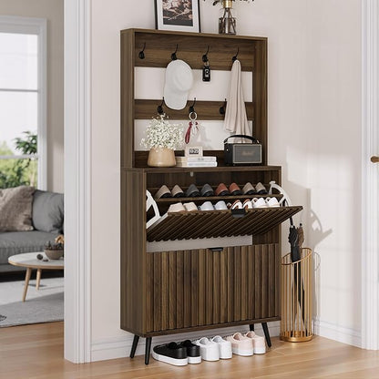 Smuxee Shoe Cabinet with 2 Flip Drawers & Coat Rack Hooks, 31.5" Walnut Hidden Shoe Storage Cabinet, 2-in-1 Hall Tree Slim Freestanding Shoe Rack Organizer for Entryway, Hallway, Living Room