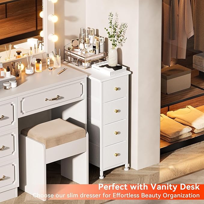Narrow Dresser Storage Tower with 4 Drawers, Vertical Slim Dresser Chest of Drawers Skinny Storage Tower for Small Spaces Gaps Closet Bedroom Bathroom Small Fabric Drawer Unit (White)