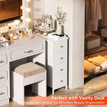 Narrow Dresser Storage Tower with 4 Drawers, Vertical Slim Dresser Chest of Drawers Skinny Storage Tower for Small Spaces Gaps Closet Bedroom Bathroom Small Fabric Drawer Unit (White)