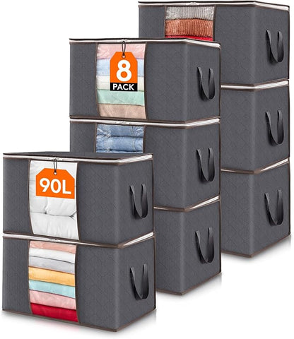 Lifewit 8 Pack 90L Clothes Storage Bins with Lids, Foldable Blanket Storage Bags with Zippers, Clear Window and Reinforced Handles, Closet and Organization for Clothing, Sweater, Comforter, Bedding