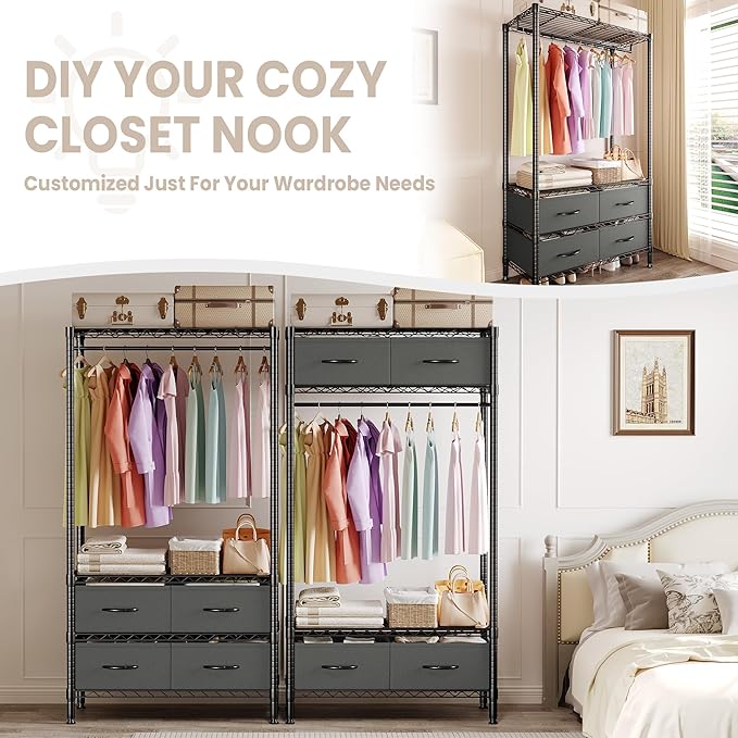 Heavy Duty Clothes Rack With 4 Fabric Drawers and Adjustable Shelves, Freestanding Clothing Rack with Hanging Rod for Hanging Clothes, 71.5" H x 35.2" W x 15.4" D