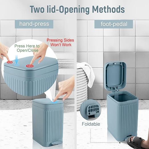 rejomiik Small Bathroom Trash Can with Lid Slim Soft Close Garbage Can Step Wastebasket Container Trash Bin for Office Bedroom Kitchen Living Room 1.9 Gallon, Light Blue