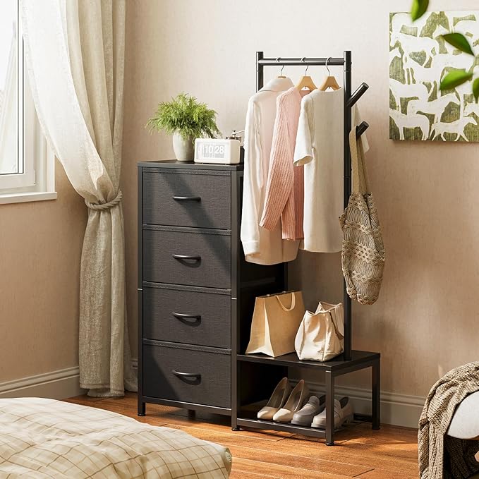 KKL Small Dresser for Bedroom with Clothes Hanging Rack, Reversible Bedroom Dresser with Shoe Rack & 4 Fabric Drawers, 3-in-1 Storage Chest of Drawers with Storage Shelves & Tree Hooks, Black