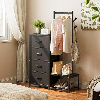 KKL Small Dresser for Bedroom with Clothes Hanging Rack, Reversible Bedroom Dresser with Shoe Rack & 4 Fabric Drawers, 3-in-1 Storage Chest of Drawers with Storage Shelves & Tree Hooks, Black