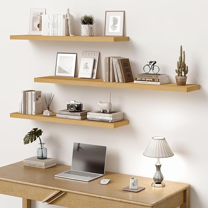 Vivelove 10" Deep Floating Shelves with Invisible Brackets, 30" Wall Shelves for Bathroom Bedroom Kitchen Living Room Laundry Room, Modern Rustic Shelves for Home Decor, 30"x10.2"x1.5", Set of 2, Oak