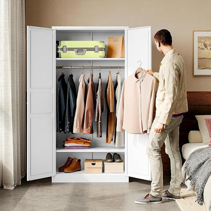 BYNSOE Metal Armoire Wardrobe Closet with 2 Doors 72'' Wardrobe Cabinet with Hanging Rail Metal Closet with Adjustable Shelves for Bedroom Require Assembly(White, 72inch)