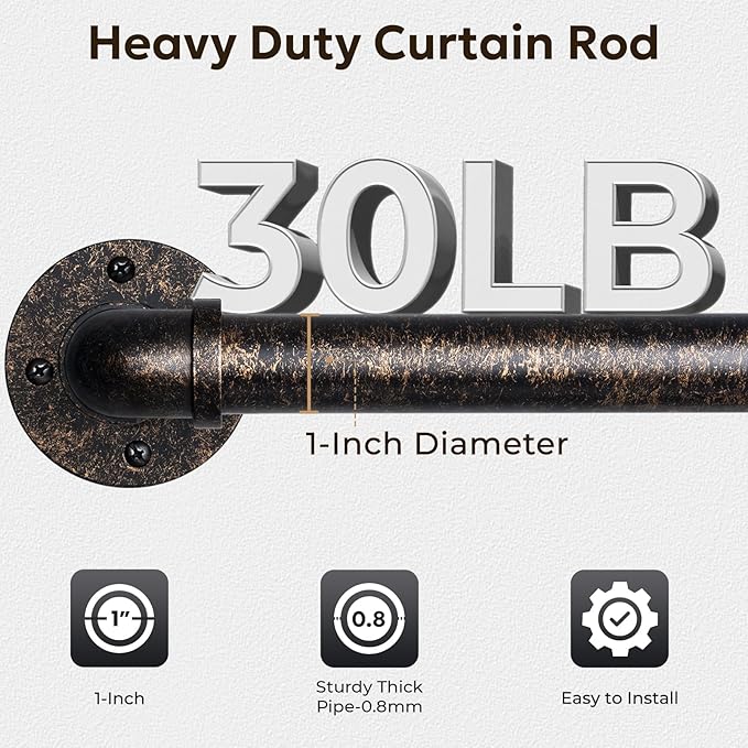 Zeerobee Curtain Rods for Windows 72 to 144, 1 Inch Industrial Wrap Around Vintage Bronze Curtain Rod, Indoor/Outdoor Room Divider Adjustable Drapery Pole, 72"-144"