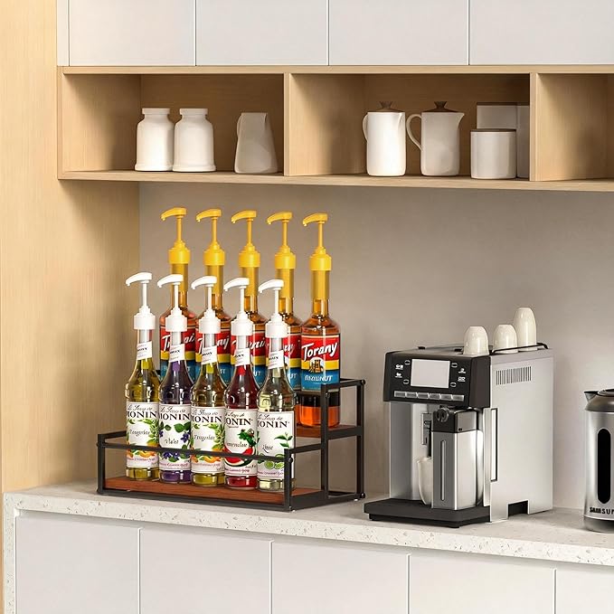 THYGIFTREE Coffee Syrup Rack Organizer 2-Tier 10 Syrup Bottles Holder Stand Metal with Wood Base for Coffee Bar Storage Shelves for Kitchen Countertop Matte Black