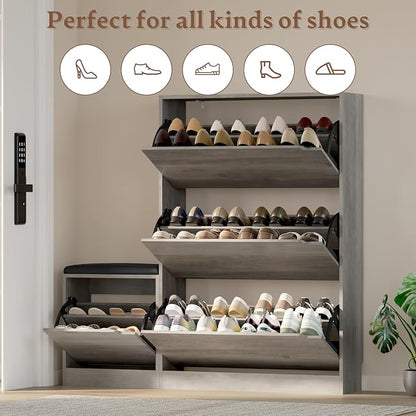 BORNOON Shoe Cabinet with Bench and 3 Flip Drawers, Slim Narrow Shoe Storage Cabinet, Freestanding Shoe Rack Organizer with Adjustable & Removable Shelves, Anti-Tip for Entryway, Hallway, Foyer