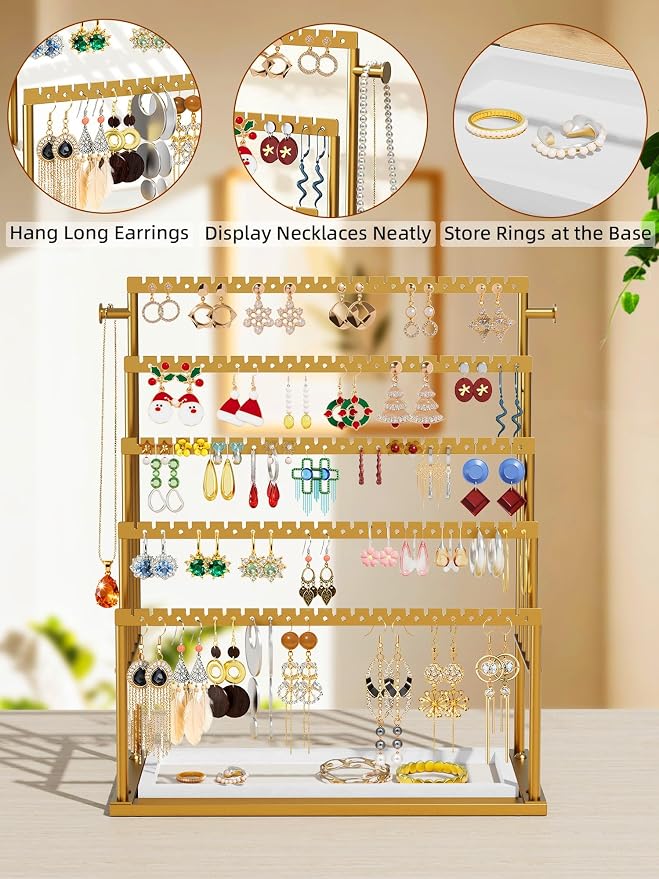 Earring Holder Organizer Gold, 5-Tier Jewelry Display Stand with Elegant Gold Metal Frame and Wooden Tray, Large Earring Holder for Studs, Hoops, Dangles, Decorative Jewelry Organizer for Women