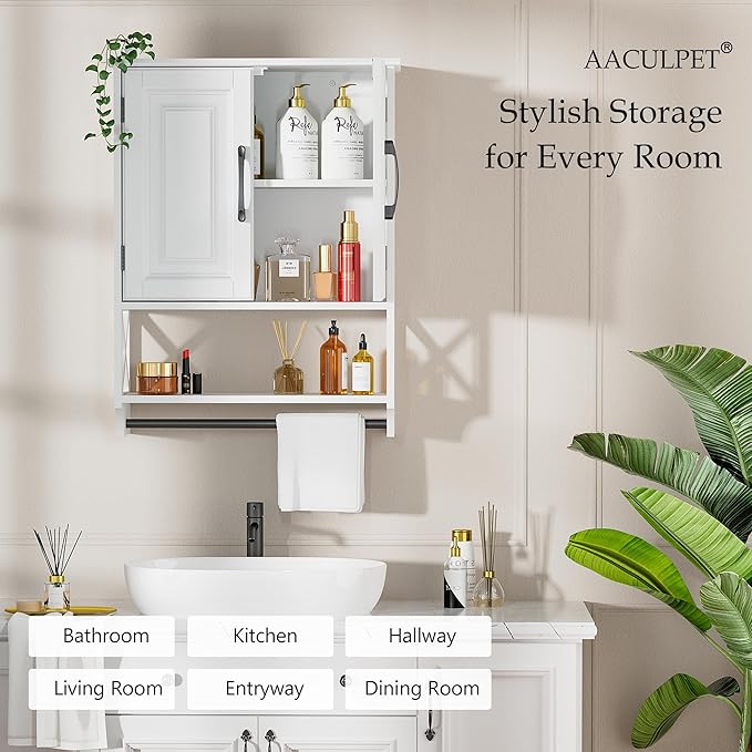 Farmhouse Bathroom Wall Cabinet with Tower Bar, 20"x25" Wall Storage Cabinet with Barn Doors & 3 Point Adjustable Shelf, 3-Tier Wall Mounted Medicine Cabinet for Bathroom Kitchen Living Room