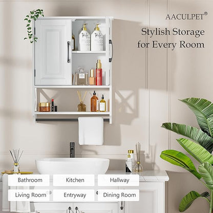 Farmhouse Bathroom Wall Cabinet with Tower Bar, 20"x25" Wall Storage Cabinet with Barn Doors & 3 Point Adjustable Shelf, 3-Tier Wall Mounted Medicine Cabinet for Bathroom Kitchen Living Room