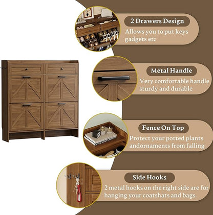 Shoe Storage Cabinet for Entryway, Farmhouse Wide Shoe Cabinet with 4 Flip Drawers and 2 Top Drawers, Freestanding Organizer with Adjustable Shelves, Hooks, and Anti-Tip Kit for Hallway