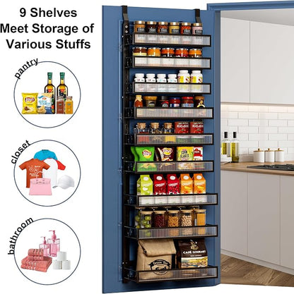 Over the Door Pantry Organizer 9 Tier Hanging Door or Wall Mounted Spice Rack with Adjustable Acylic Basket,Heavy Duty Metal Seasoning Storage Shelf for Kitchen Pantry and Bathroom Black