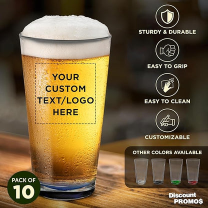 Custom Casale Pint Glass 16 oz. Set of 10, Personalized Bulk Pack - Beer Glasses, Heavy Duty Drinkware - Blue