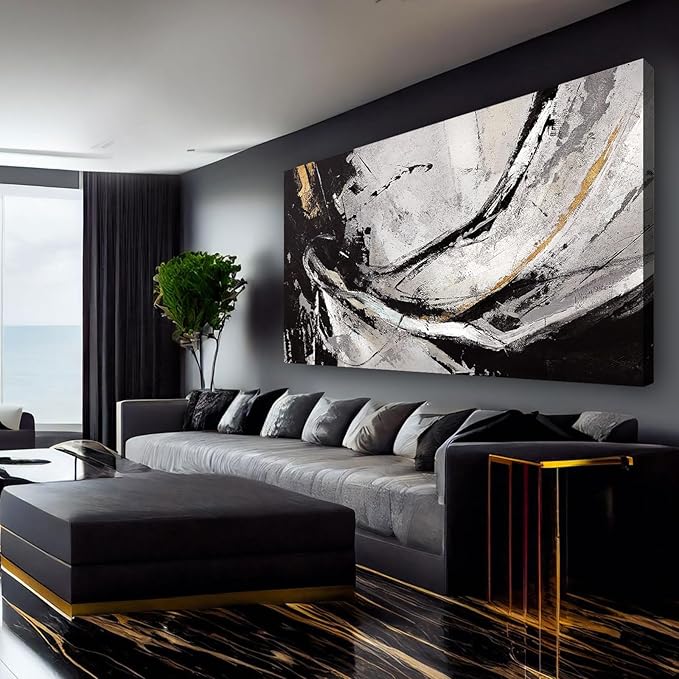 XIANSHOU Abstract Canvas Wall Art Gold Decoration Black Art for Living Room Bedroom Kitchen Home Wall Decor 29x58 Inch