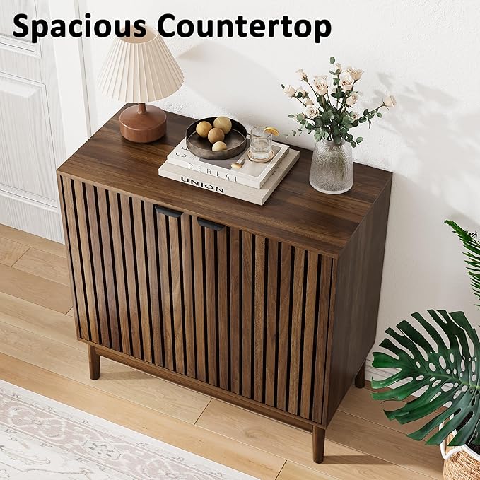 Sideboard Buffet Cabinet with Storage, Freestanding Kitchen Storage Cabinet with 2 Slatted Doors and Adjustable Shelves, Wooden Cupboard for Kitchen, Entryway (Slatted Door Walnut)