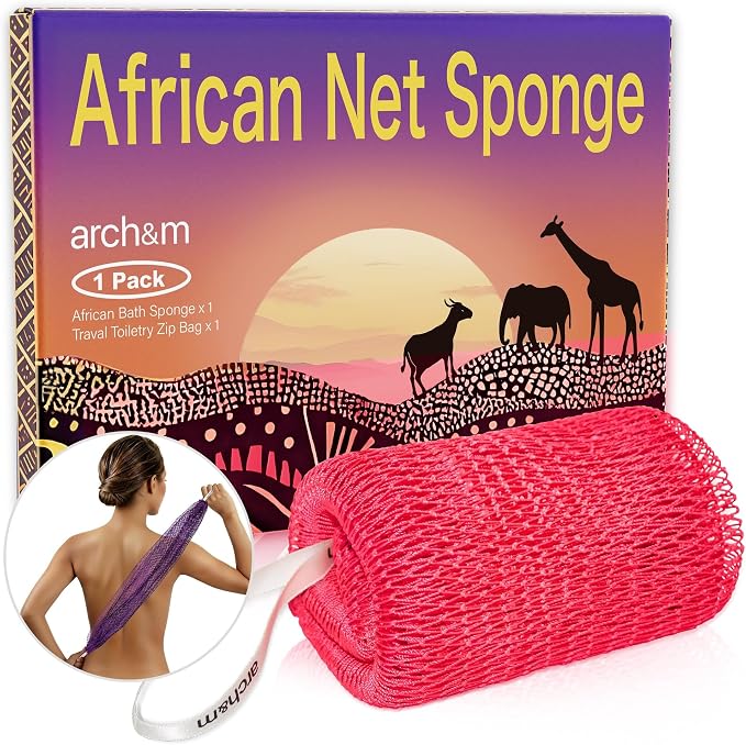 ARCH&M Authentic African Net Sponge Extra-Long 53" Back Scrubber | Quick-Dry Exfoliating Shower Loofah, Smoother Skin For Women and Men Daily Use, Soft Mesh for Sensitive Skin