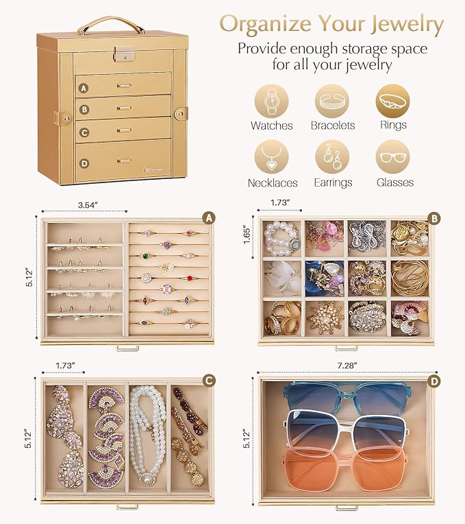 Homde Mothers Day Gifts Synthetic Leather Huge Jewelry Box Mirrored Watch Organizer Necklace Ring Earring Storage Lockable Gift Case (Gold)