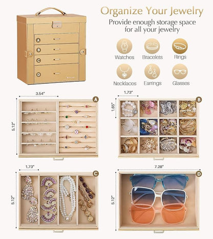 Homde Mothers Day Gifts Synthetic Leather Huge Jewelry Box Mirrored Watch Organizer Necklace Ring Earring Storage Lockable Gift Case (Gold)